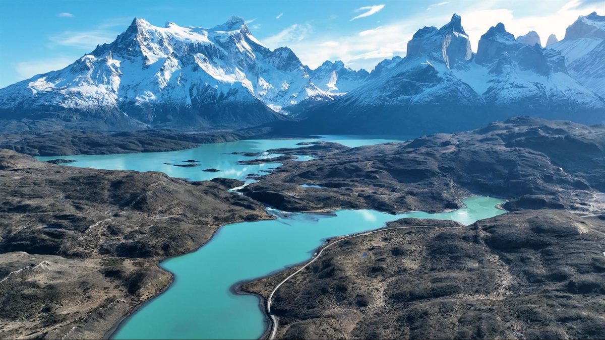 Aerial view of turquoise glacial lakes and snow-capped peaks in Torres del Paine, Chilean Patagonia